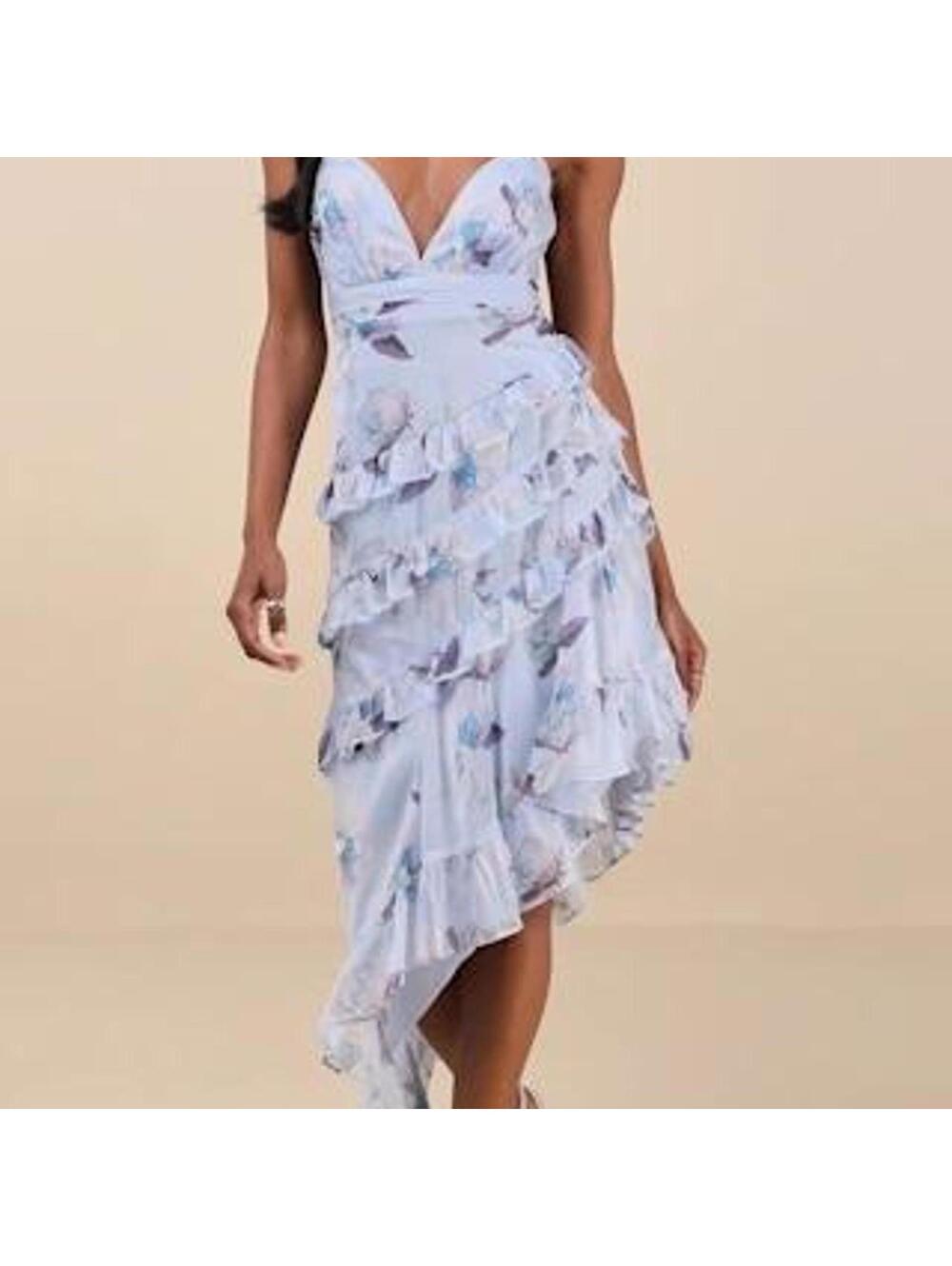 Lulus Saveria Light Blue Floral Ruffled Asymmetrical Maxi Dress